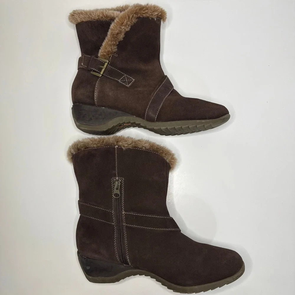 Sporto Womens Nubuck Faux Fur Collar Wedge Ankle Boots Size 9.5M Brown Cozy Boho